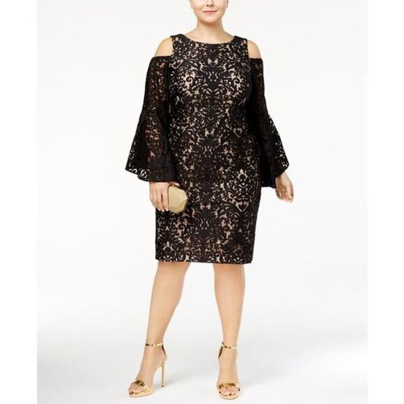 Xscape Lace Cold Shoulder Bell Sleeve Dress Black 16W - Picture 1 of 11